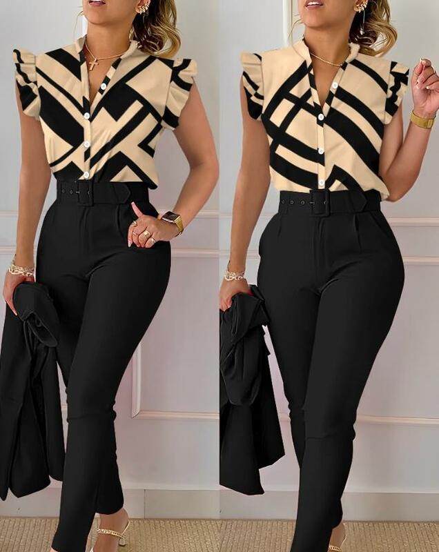 Women's Chic Spring/summer New Casual Women's Wear Plus Size Geometric Printed Flute Sleeve Top and Pants Sets ﻿