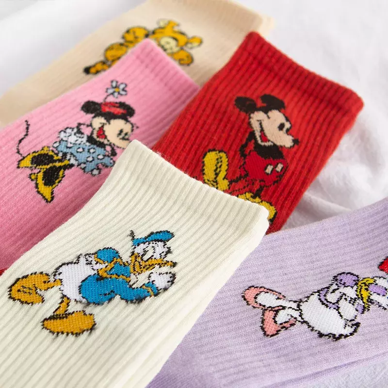 Disney novas meias femininas de algodão de malha com estampa de desenhos animados não escurece as meias de cor sólida para adultos meias tipo tubo