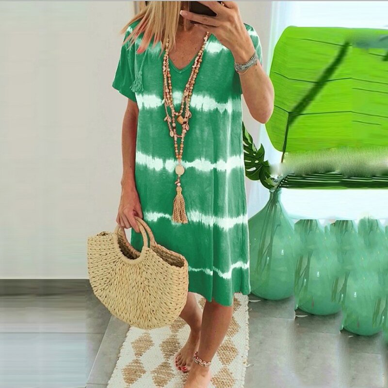 Womens Casual Striped Tie Dye Print Mini Dress V Neck Loose T Shirt Fitted Maxi Dress for Women Dresses for Women Casual Summer