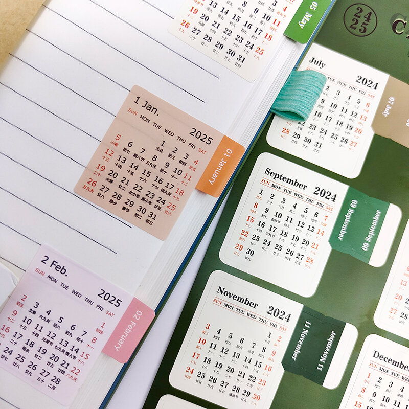 KindFuny stiker kalender 2024 Label perencana bulanan tahunan Notebook Agenda indeks stiker Bookmark catatan alat tulis Kawaii