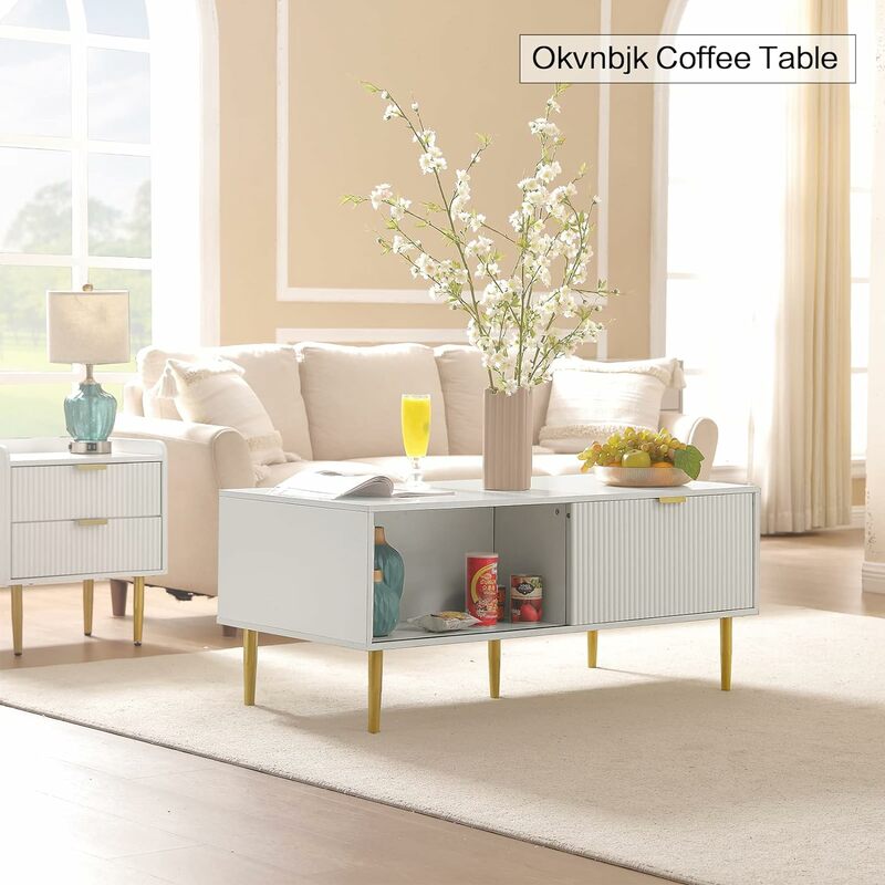 Biały stolik kawowy Okvnbjk, 48 "nowoczesny stół środkowy do salonu, stół koktajlowy w stylu drzwi przesuwnych z panelem falowym, duże S