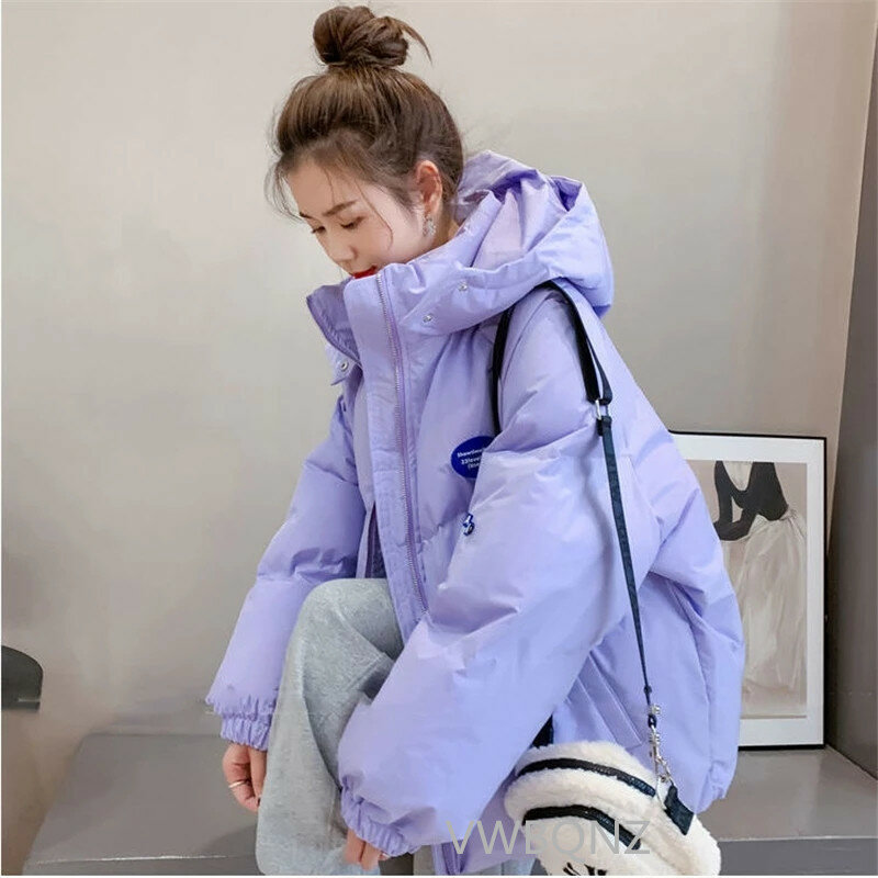 Jaket bertudung ungu parka wanita, mantel hangat tebal, pakaian luar hangat musim dingin 2024 katun longgar