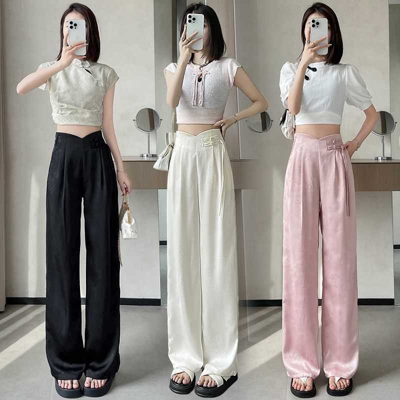 Nowy różowy chiński satynowy żakard garnitur spodnie dla kobiet wiosna/lato 2024 nowy wysoki stan luźne proste spodnie z szerokimi nogawkami