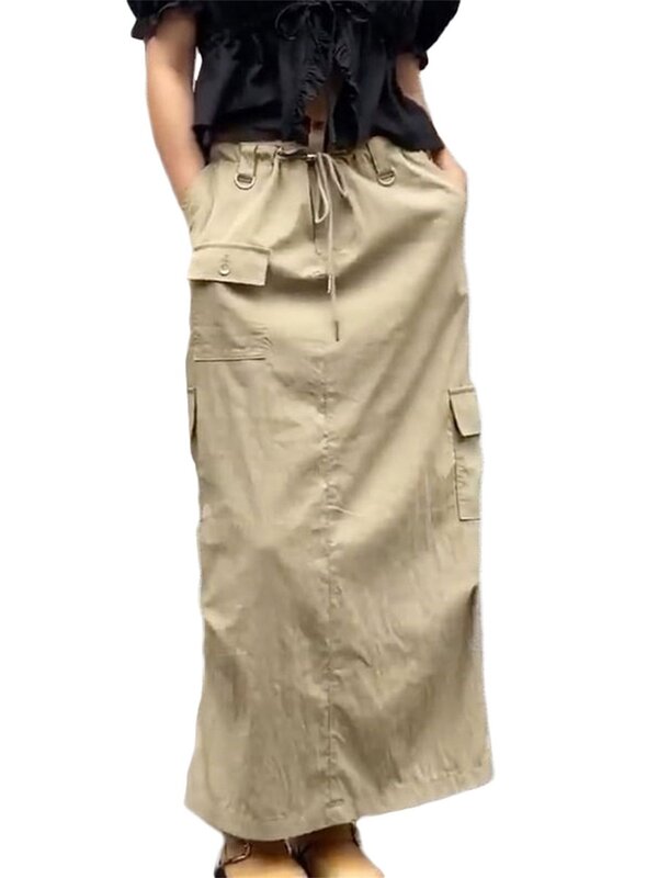 Falda larga holgada de cintura alta con bolsillos y cordón para mujer, ropa de calle Retro, Estilo Vintage, Y2K