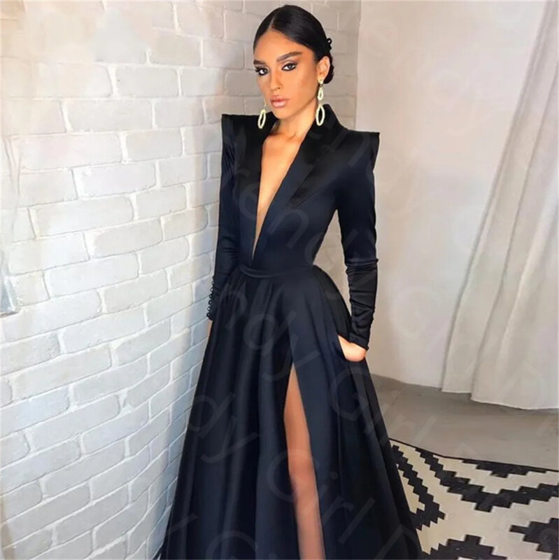 Black Formal Evening Dress Side Split V-neck Long Sleeves A-line Satin Prom Party Gowns Arabic Dubai Formal Occasion Dresses