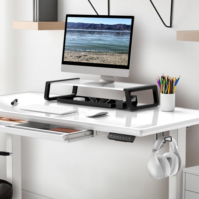SHW | 48-Inch | Whole-Piece Glass Electric Height Adjustable Desk | Monitor Riser and Drawer Included | White |