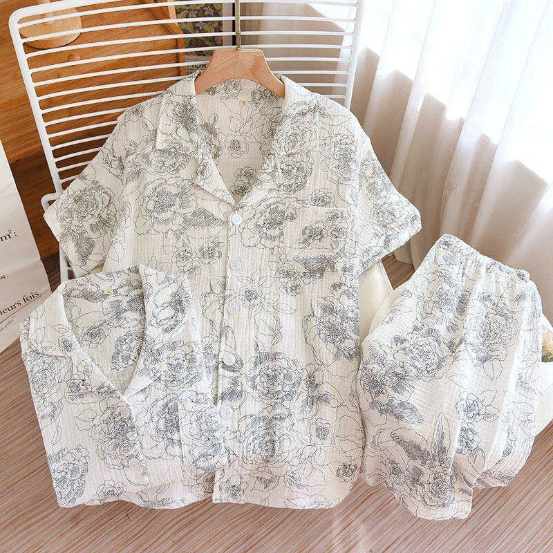 100% Cotton Gauze Pijama Sleepwear Home Suit For Women Sets Summer New Short Sleeve Shorts Sleep Clothes FloralPrinting Homewear