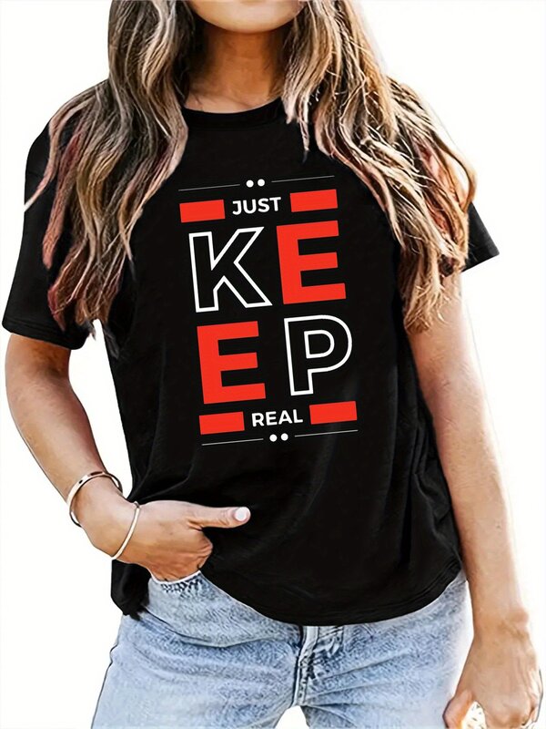 Keep Print Crew Neck T-shirt, Short Sleeve Casual Top For Summer & Spring, Women's Clothing