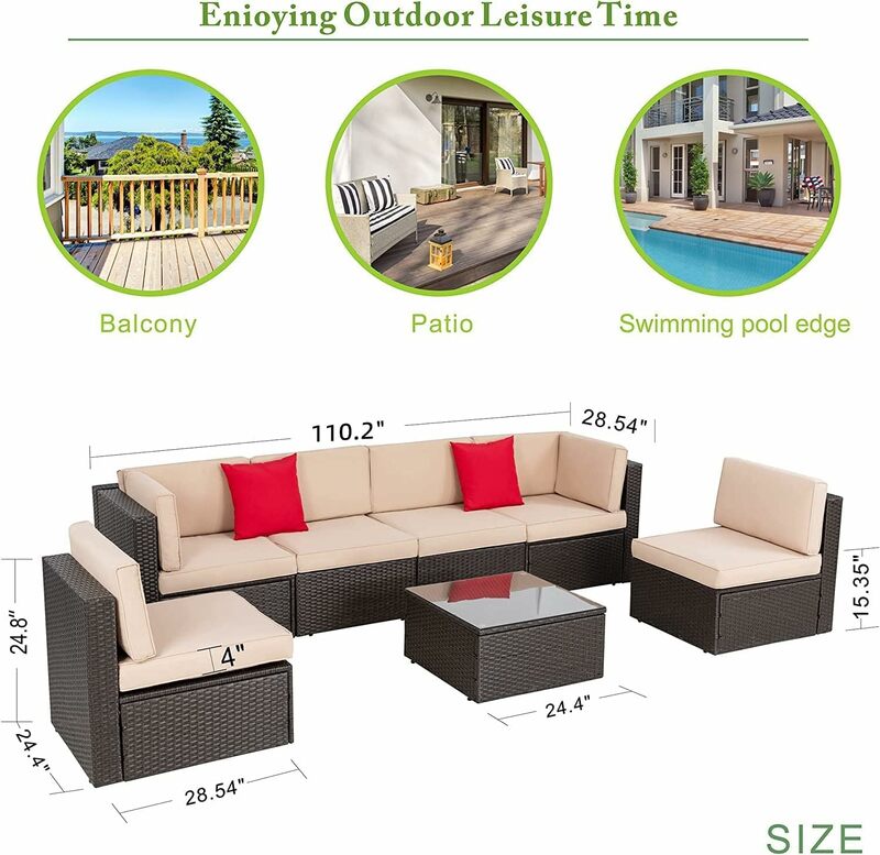 Conjuntos de móveis de pátio ao ar livre, para todos os climas, vime PE marrom, sofá secional, pequeno apartamento para jardim e pátio com otomano