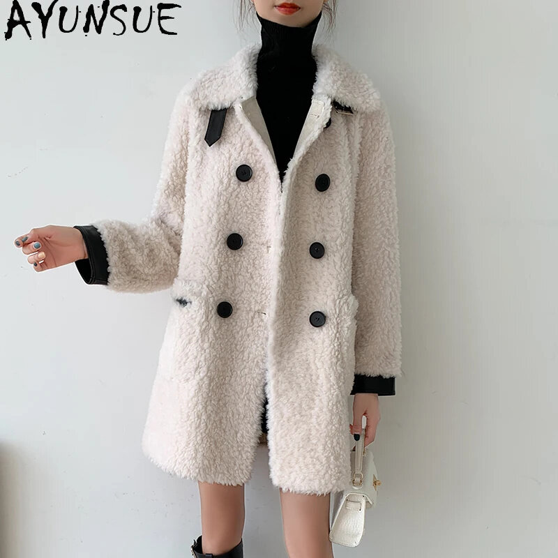 100% AYUNSUE шерстяные пальто и куртки женская одежда средней длины гранулированная овечья стрижка куртка женская зимняя Осенняя со стоячим воротником