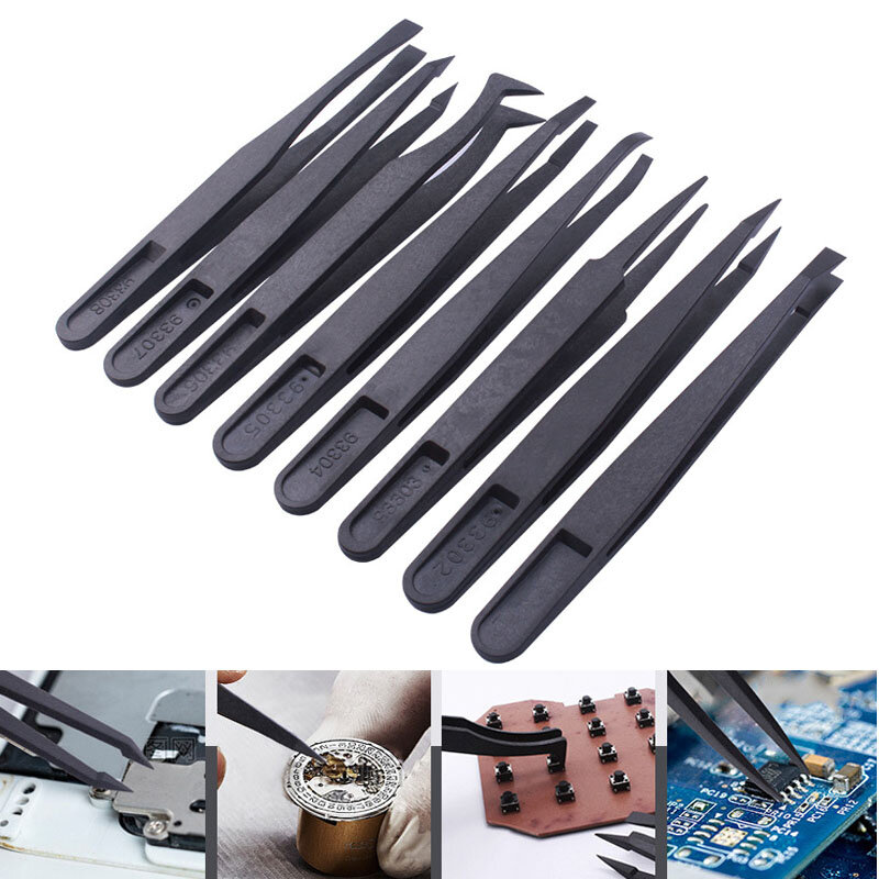 Pincettes antistatiques électroniques multifonctionnelles en Fiber de carbone, ensemble de pincettes en plastique souple et élastique, réparation de pièces d'outils à main 8 pièces/lot