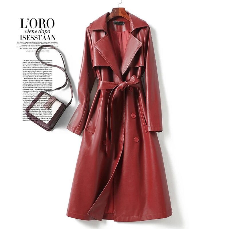 Gabardina de cuero genuino para mujer, abrigo Vintage de color rojo vino, cinturón de doble botonadura con cordones, ropa de exterior de piel de oveja de longitud media