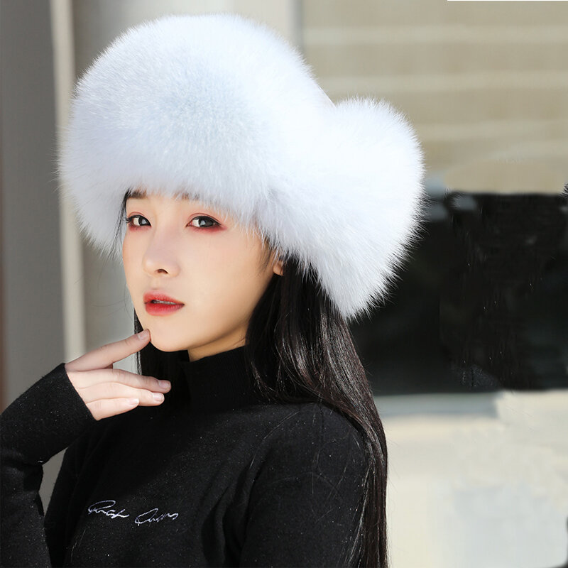 本物のキツネの毛皮の帽子,女性の冬の帽子,暖かい耳の保護,ロシア帽,天然のアライグマの毛皮のキャップ,雪のボンバーポン