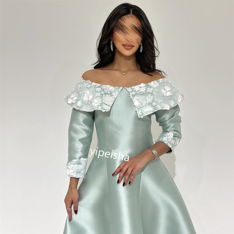 Платье для выпускного вечера, вечернее атласное платье-трапеция с аппликацией и открытыми плечами, платье на заказ, платья-миди для Саудовской Аравии
