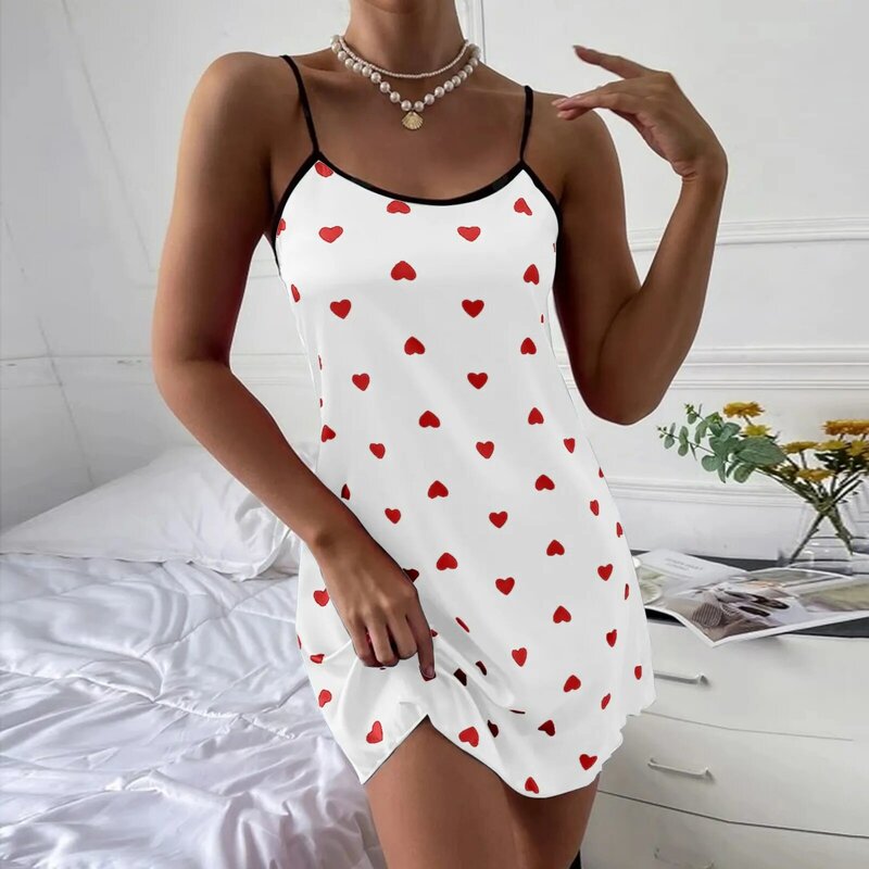 2024 Sexy V-Neck Nightdress Print Suspender Nightgown Summer Female Sleepwear Bathrobe Gown Casual Comfortable Home Mini Dress