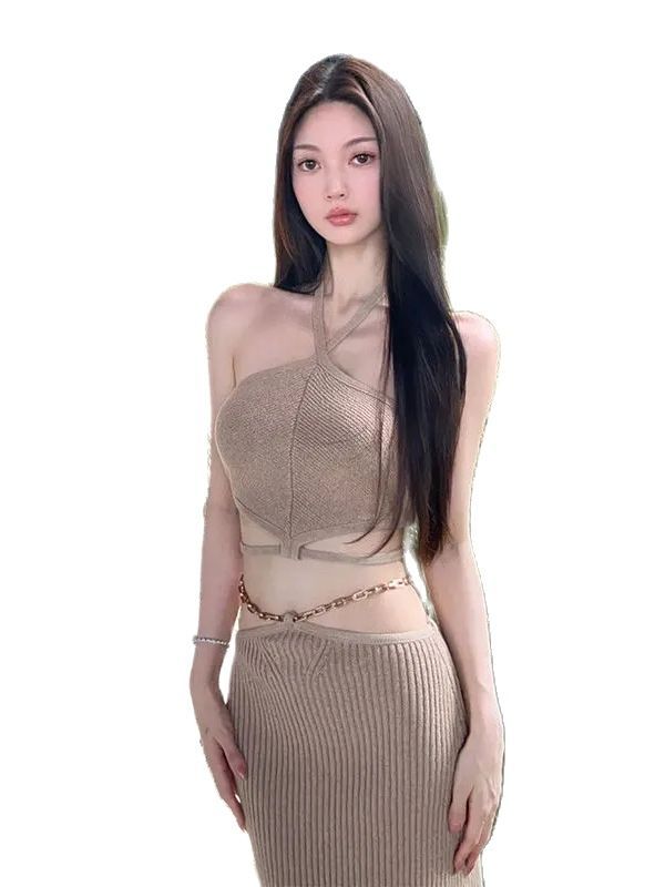 Famous Lady Temperament Knit Hanging Neck Tank Top Wrap Hip Skirt Two Piece Set Women Lace Up Backless Collarbone Spicy Solid