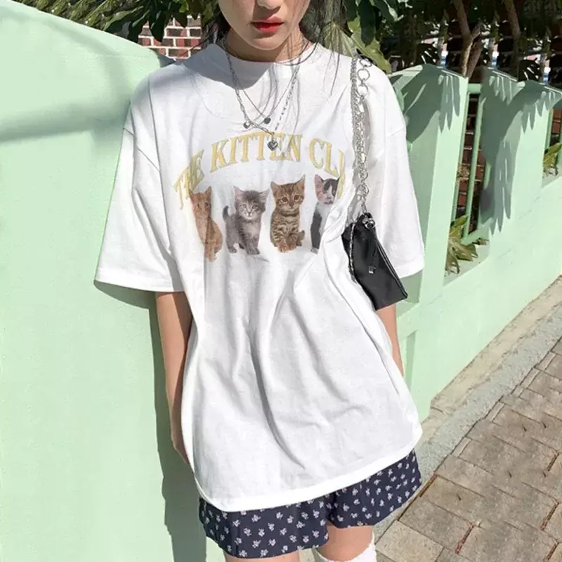 T-Shirt Kawaii à Manches Courtes pour Femme, Streetwear, Blanc, Mignon, Grunge, Coréen, Y-Y2k