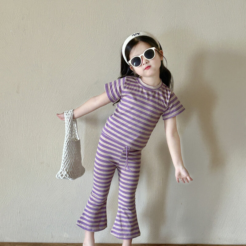 Children Clothing Set 2024 New Fashionable Korean Style Stretch Short Top Knitted Flared Pants Summer Korean Style Set
