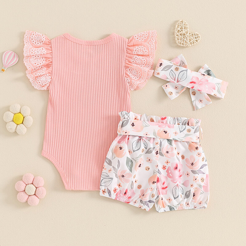 2024-03-04 Lioraitiin Baby Girl Summer Outfits Letter Print Ribbed Lace Fly Sleeve Rompers Floral Print Bloomers Shorts Headband