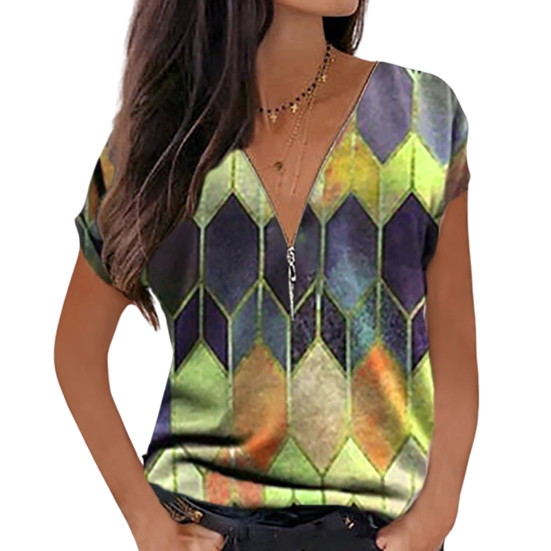 Blusa informal de manga corta con cuello en V para mujer, camisa con estampado de bloques de Color, con cremallera, XS-5XL, 2023