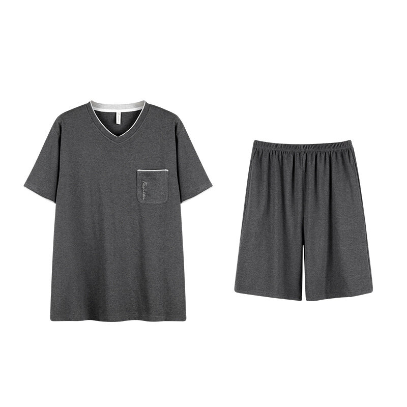 2022 novos pijamas masculinos de verão algodão curto mangas compridas shorts pulôver fino algodão roupas em casa cor sólida terno com decote em v bolso M-4XL