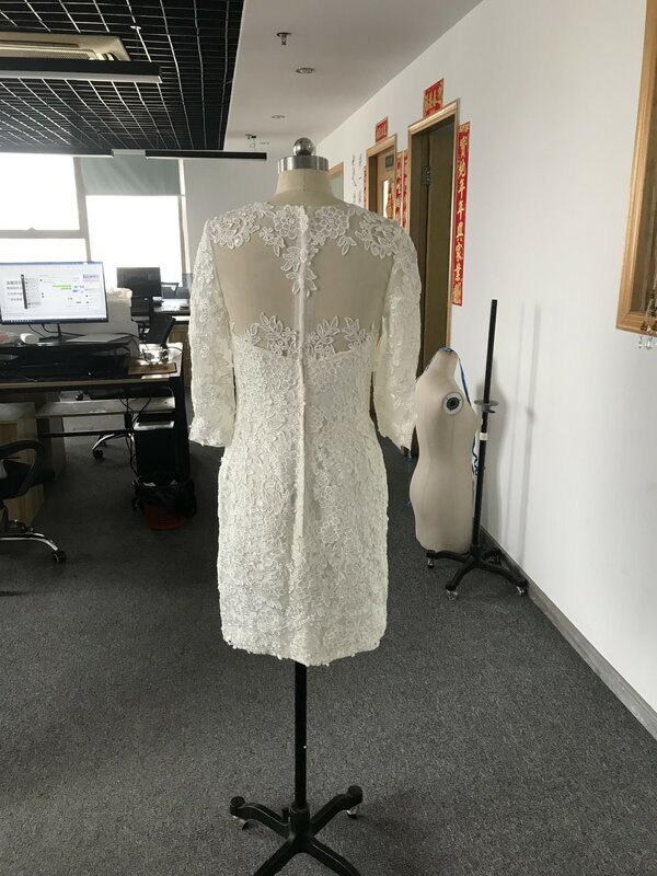 CloverBridal ستان حفلات الزفاف 2023 Long Sleeves Short Lace Sheath Bridal Gown Ready-To-Ship Knee Length Robe De Mariée 8027