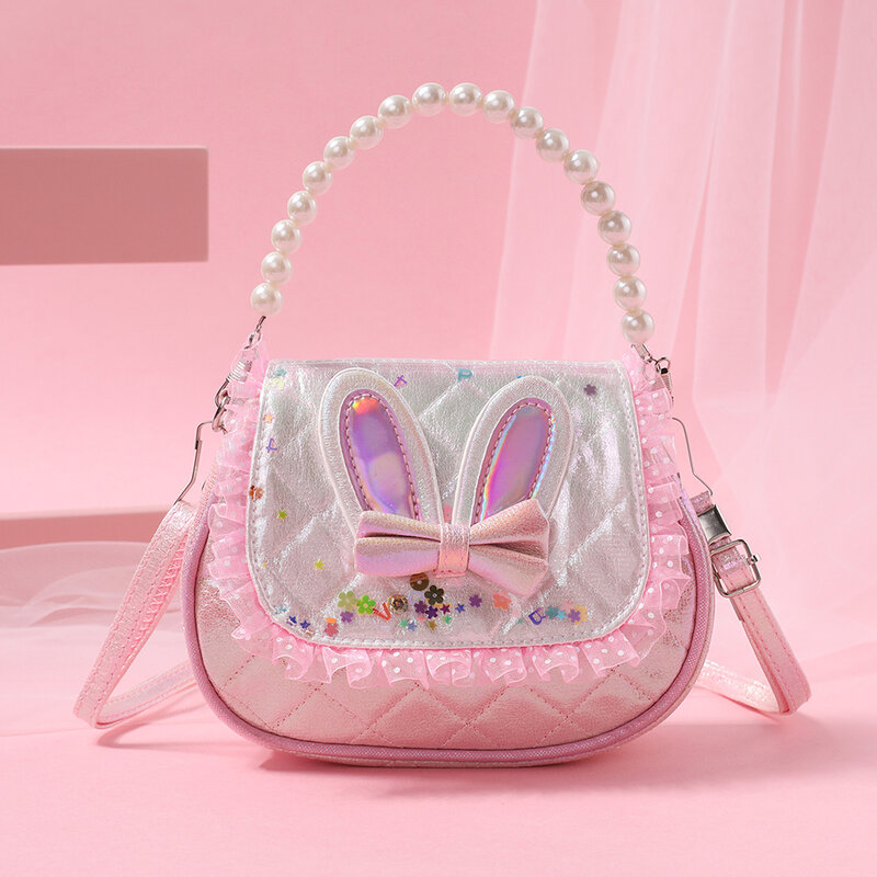 Cute Kid Bag Fashion Mini Bag per bambini Crossbody Arm Pearl borsa portatile con orecchie di coniglio con paillettes