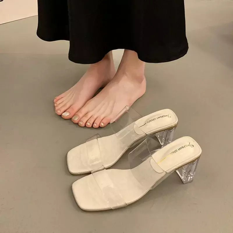 Sandálias femininas de salto alto transparentes, sapatos sexy de festa, chinelos de praia casuais, verão 2022, elegante