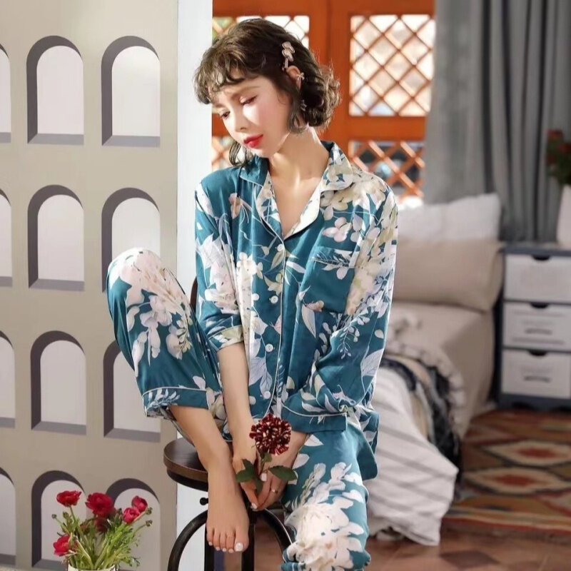 Spring Autumn Women's Milk Silk Pajamas Lapel Long Sleeve Cardigan Pants Loose Home Clothing Set Casual Printed Sleepwear