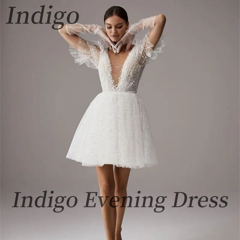 Indigo Tulle Prom Dresses V Neck Knee-Length A Line Women Formal Occasion Dress Wedding Party Gown 2024  فساتين السهرة