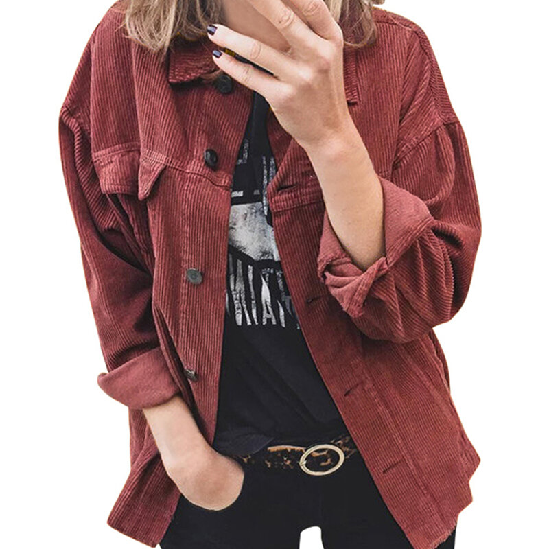 Frauen lässig Knopf Langarm Revers einfarbige Strickjacke 2024 weibliche Cord warme Hemd Mäntel mit Tasche stilvolle Jacken Pop