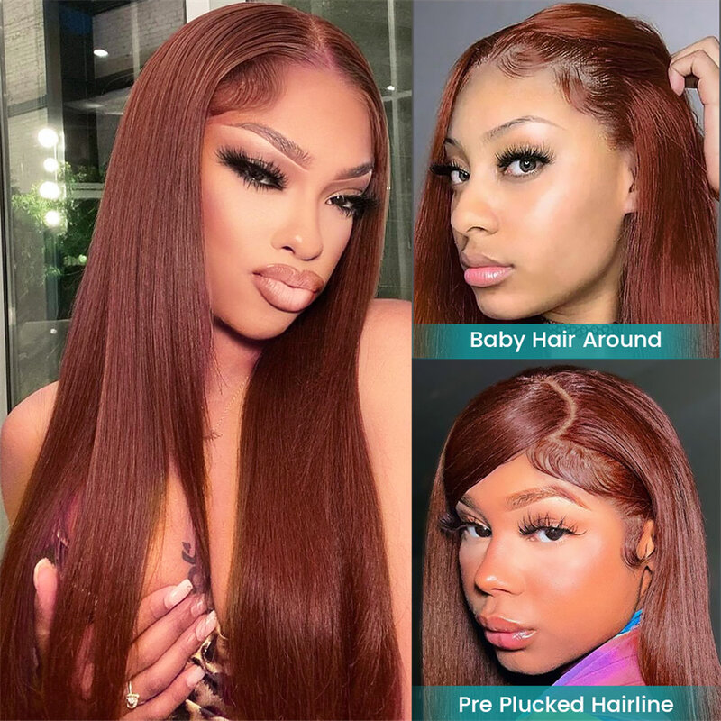 Peluca de cabello humano liso para mujer, postizo de encaje Frontal, color marrón rojizo, 4x4, 13x4