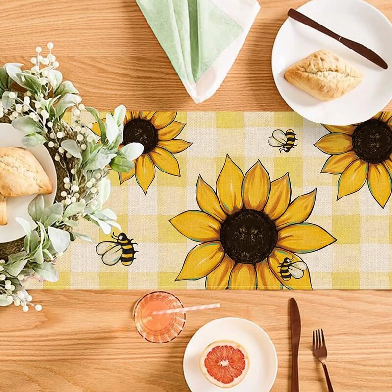 Wiosenny słonecznik kwiatowe lniane bieżnik do stołu dekoracja ślubna żółta duża w kratę stół obiadowy kuchenny biegacz do dekoracji imprezy