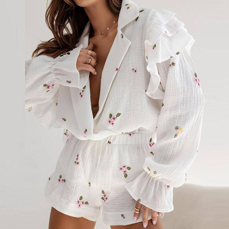 Spring Summer Fresh Floral Print 2 Piece Sets Women's Lapel Button Shirt and Shorts Suit 2024 Casual Long Sleeved Beach Outfits
