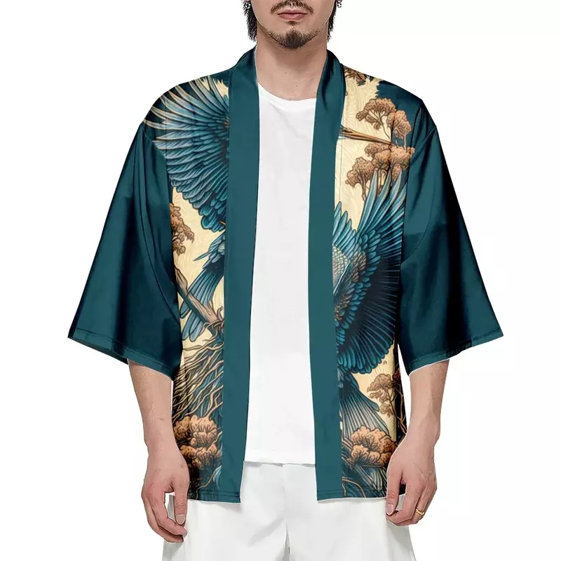日本の男性と女性のためのクレーンパターンの着物,カジュアルなカーディガン,特大,夏服,羽織,伝統的な浴衣,ビーチ,2024