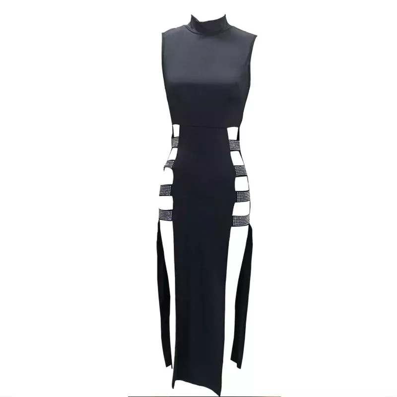 女性のためのノースリーブのセクシーな黒のドレス,サイドスリット付きのイブニングドレス,パッチワークスタイル,透明な2kサマードレス19481