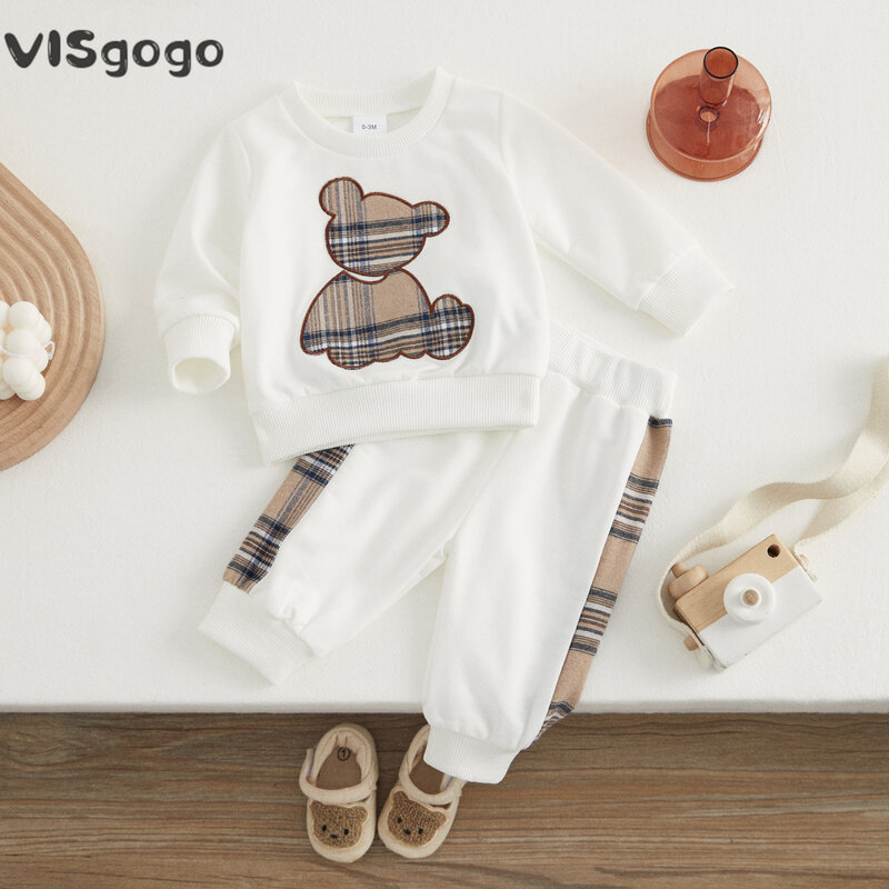 VISgogo-Camisola de urso xadrez manga comprida, tops e calças, fatos de treino casuais, roupas para bebé menina e menino, roupas de primavera e outono, 2 peças