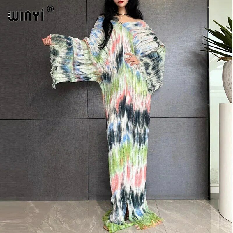 Winyi Mode druck Sommer V-Ausschnitt gestrickt hohl sexy langes Kleid elegante Party Abendkleid Frauen Beach wear Langarm Kleid