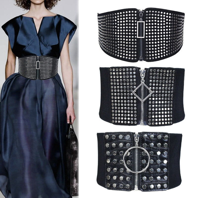 Cinturón con remaches elásticos para mujer, faja ancha de punto, color negro, adelgazante, de cintura alta, con cremallera, decorativo