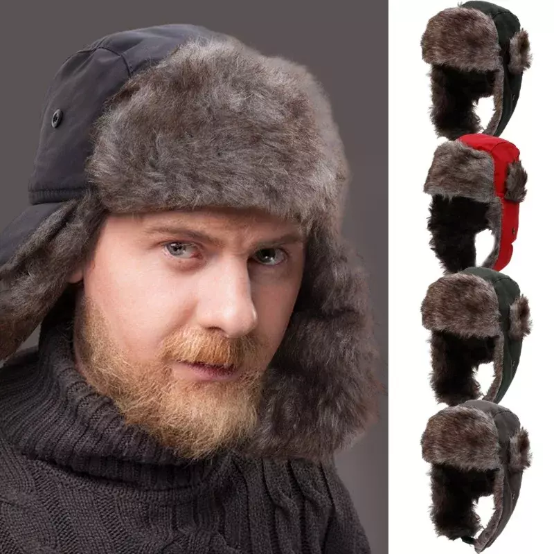 Men's Winter Trapper Aviator Trooper Earflap Warm Russian Waterproof Ski Hat Bomber Cap Russian Warm Ear Protectors Hats