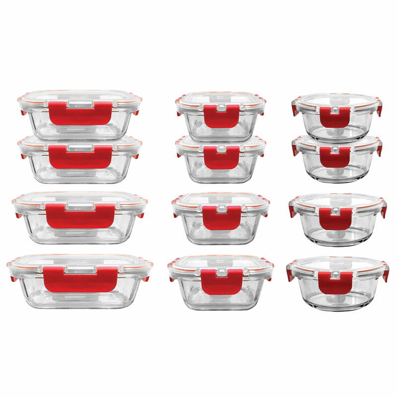 Set per alimenti in vetro da 24 pezzi con cerniera di bloccaggio coperchi rossi-qualità superiore