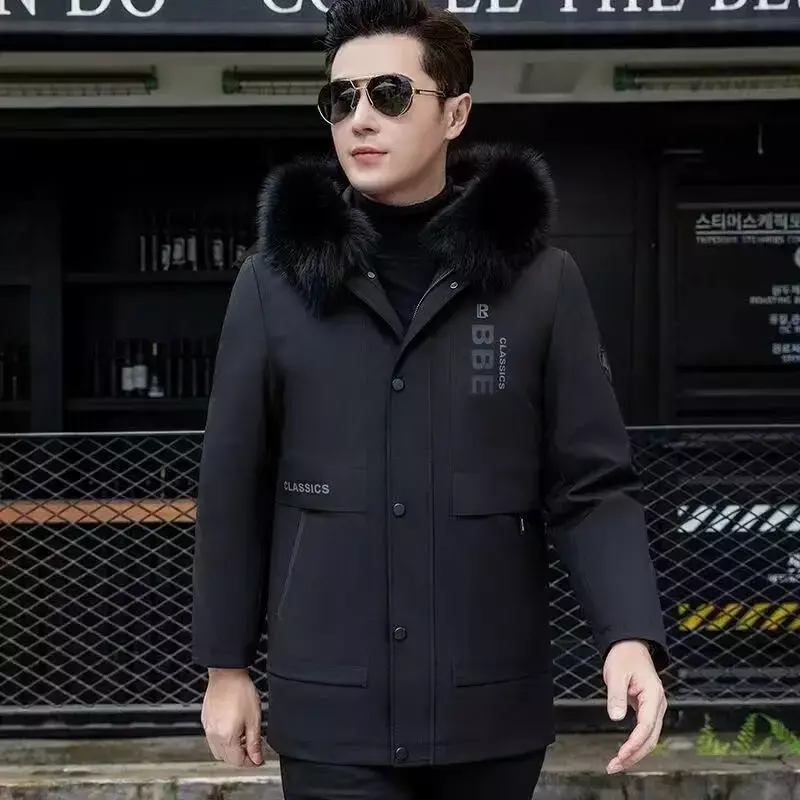 남성용 토끼털 이너 안감 파카 재킷, 중간 길이, 탈착식 리얼 퍼, 일체형 겨울 두꺼운 재킷 코트, PK1305