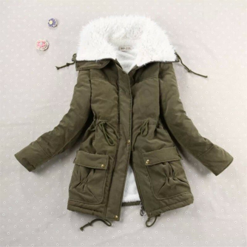 Jaqueta comprida grossa com capuz feminino, roupas acolchoadas de algodão, casaco justo, gola de cabelo, inverno
