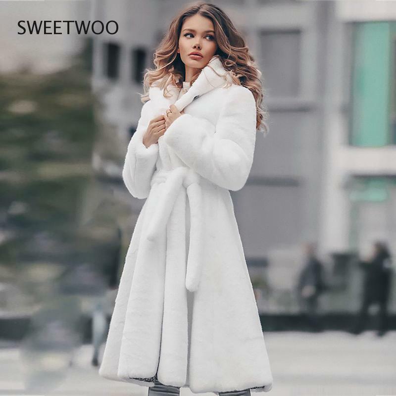 New Womens White Faux Rex Rabbit Fur Long Winter Hooded Coat for Female Fashion Luxury Faux Fur Jacket Contracted Slim Tide 2022