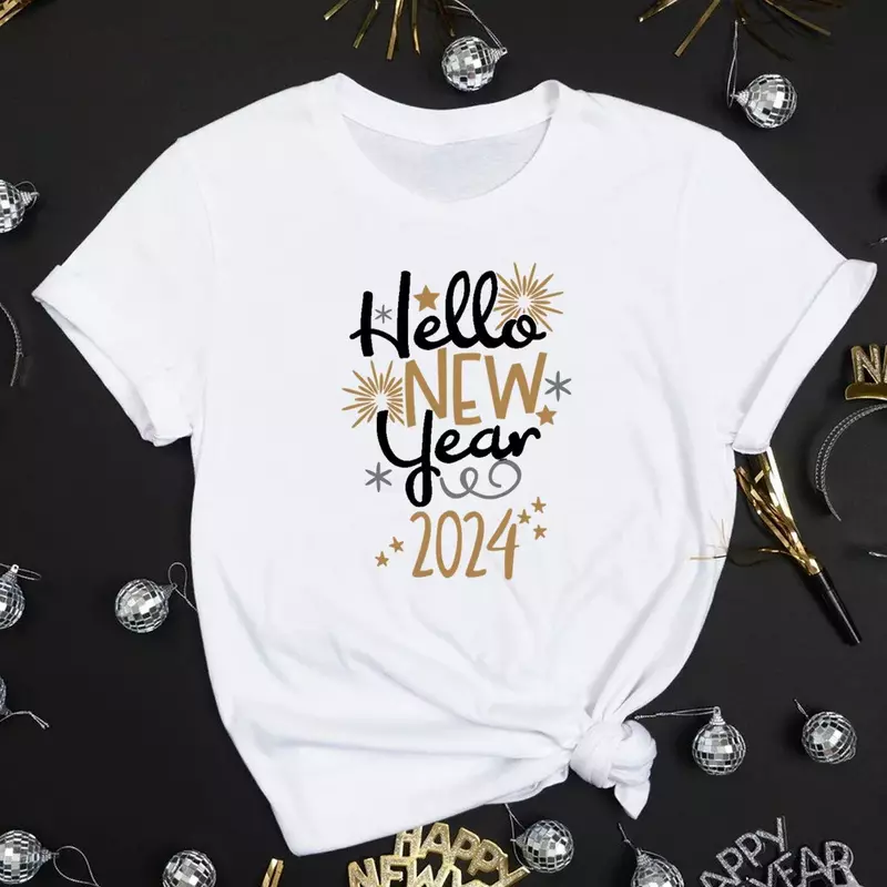 女性用半袖Tシャツ,純綿,トップ,ストリートウェア,新年のパーティーウェア,フェミニンな衣装,冬の休暇用Tシャツ,hello 2024