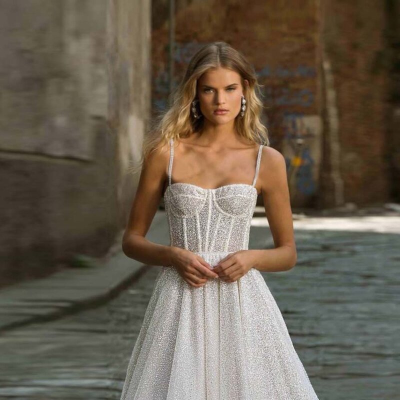 Vestidos de noiva com pentagrama espumantes femininos, linha simples, cintas de espaguete, vestido de noiva de luxo, personalizado, 2024