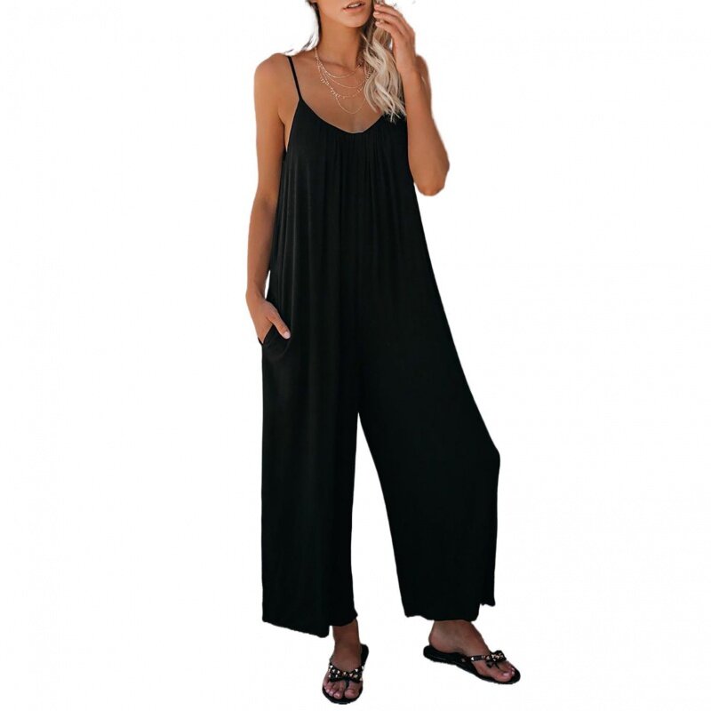Summer New Women's Trousers Solid Color Pocket Loose Casual Sling Jumpsuit