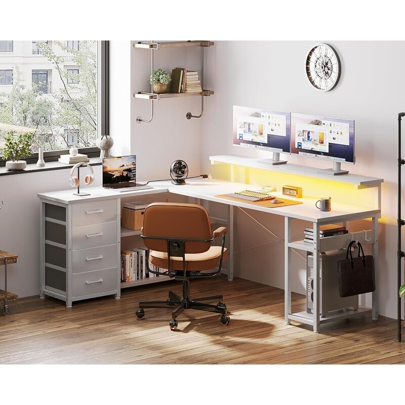 Shaped Desk with Drawer, Computer Desk with Power Outlets & LED Lights, Reversible Corner Gaming Desk