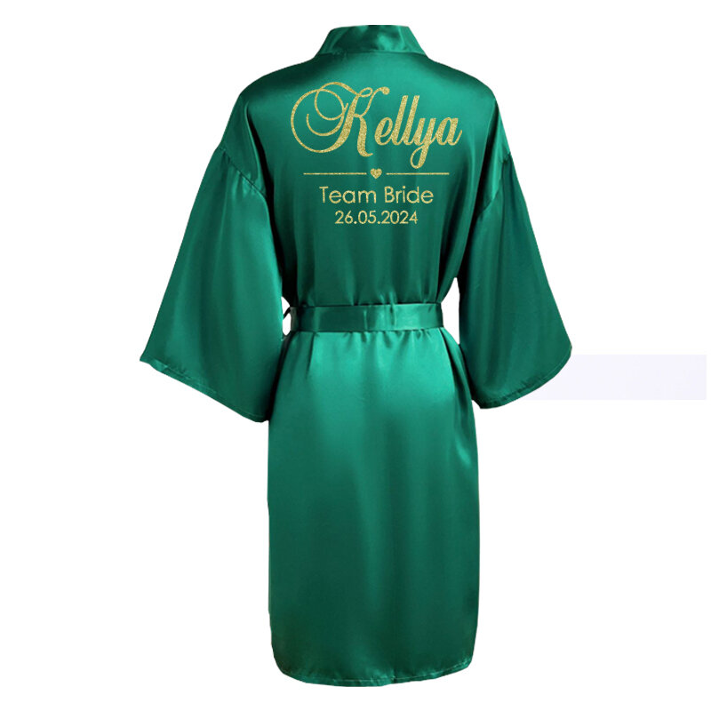 Personalizado Faux Silk Wedding Bathrobe para Mulheres, Nupcial Robe, Noiva, Dama de honra, Bachelorette, Hen Party, Nome e Data