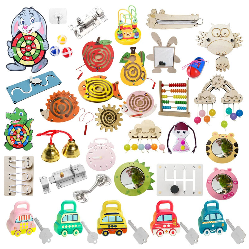Bebê ocupado placa acessórios montessori diy brinquedos labirinto de madeira criança trava brinquedos educativos aprendizagem básica motor habilidades peças